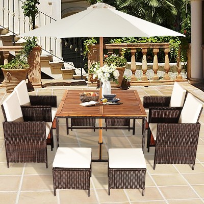9-Piece White Cushioned Rattan Outdoor Dining Set with Wood Table