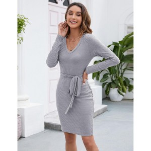 Women's 2025 Sweater Dress V Neck Long Sleeve Ribbed Knit Tie Waist Bodycon Slim Fit Mini Dresses - 1 of 4