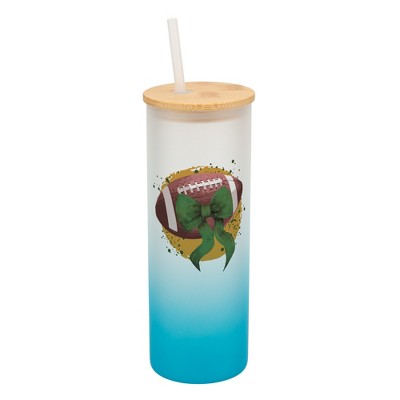 Elanze Designs 25 Ounce Frosted Glass Gradient Travel Tumbler With Straw and Wooden Lid, Football With Green Bow Sky Blue