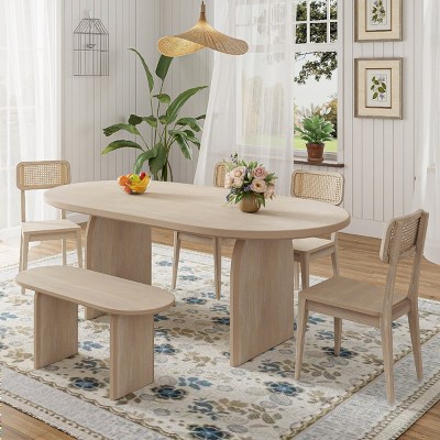 6 PCS Farmhouse Style Dining Set, 1 Table and 1 Bench and 4 Wood Frame Chairs with Rattan-Back, Oval Wood Table with Trestle Base-Baofuwish