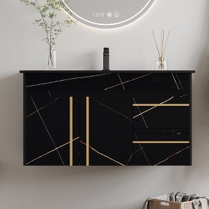 NicBex 35.4" Luxury Modern Floating Bathroom Vanity Cabinet with Ceramic Sink&Faux Marble Top,Black&Gold Wall Mounted Storage Cabinet for Bathroom - 1 of 4