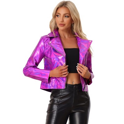 Allegra K Women's Metallic Biker Holographic Shiny Jackets Hot Pink ...