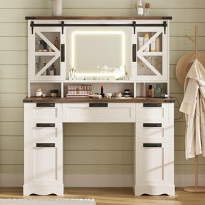 Farmhouse Makeup Vanity with Sliding Cabinets, White Vanity Desk with Lighted Mirror and Power Outlet - 1 of 4