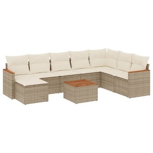 vidaXL 9 Piece Patio Sofa Set with Cushions Beige Poly Rattan - With Table - 1 of 4