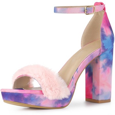 Perphy Women's Tie Dye Platform Fur Chunky Heels Sandals