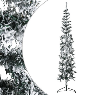 vidaXL Green and White Slim Artificial Half Christmas Tree - 8ft Tall, 2ft Wide, Snow- Flocked