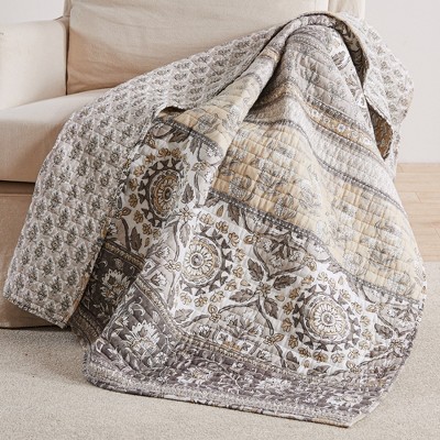 Lirelle Floral Reversible Cotton Throw Blanket in Grey and Tan