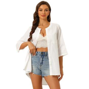 Allegra K Women's V Neck Roll Up Sleeve Summer Casual Cotton Button Down Shirt