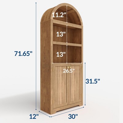 Dimensions diagram of the tall arched cabinet showing height 71.65 inches, width 30 inches, depth 12 inches