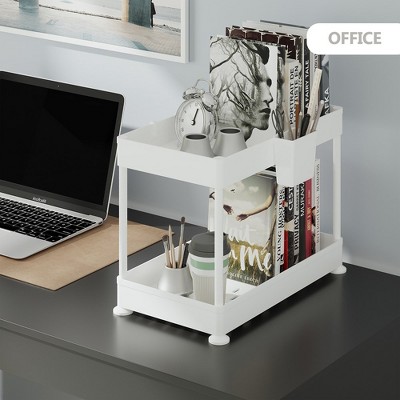 White Two-Tier Under Sink Organizer with Utility Hooks