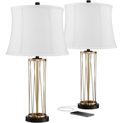 360 Lighting Nathan Gold Cage USB Cream Shade Table Lamps Set of 2