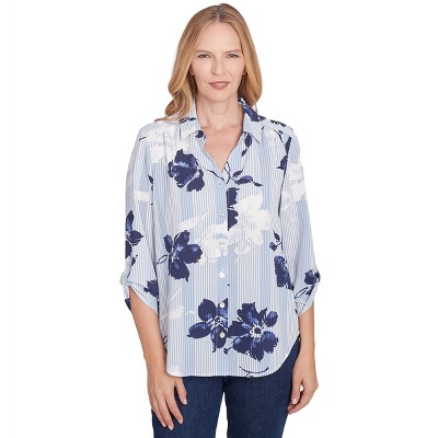 Alfred Dunner Womens Striped Flower Button Front Tie Sleeve Blouse