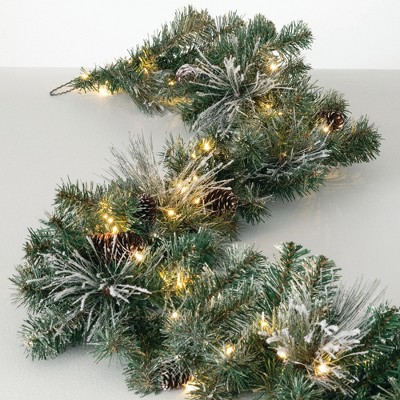 Sullivans Artificial 9' Flocked LED Pine Christmas Garland with Pinecones, Green, Indoor Christmas Decor