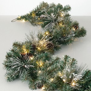 Sullivans Artificial 9' Flocked LED Pine Christmas Garland with Pinecones, Green, Indoor Christmas Decor - 1 of 4