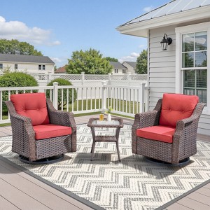 Buenhomino 3-Piece Outdoor Wicker Swivel Rocker Chair Set with Side Table, All-Weather PE Rattan Glider Chairs with Cushions for Patio or Deck - 1 of 4