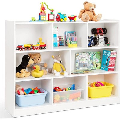 Costzon Kids Toy Organizer, Wooden 3-Tier Bookshelf with 8 Cubes for Books & Toys, Storage Furniture for Toddlers’ Room, Nursery, Playroom (White)