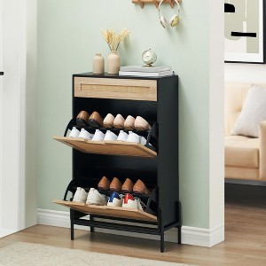 2-Door Rattan Shoe Cabinet – 3-Tier Storage Organizer for Entryway (Flip Doors + Drawer) - 1 of 4