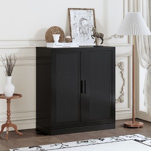 Black Wood Grain Storage Cabinet with Wicker Door (36x31x16") - 1 of 4