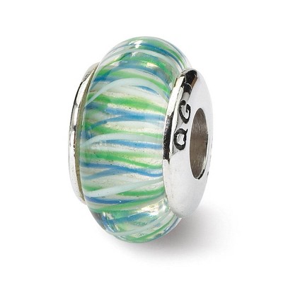 Black Bow Jewelry Glass and Sterling Silver Blue & Green Striped Bead Charm, 13.25mm