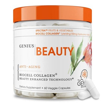 Genius Brand Genius Beauty—Vitamins for Hair,Nail & Skin-Healthy Glow Formula with Collagen  Antioxidants—Supports Joints & Immunity—60Veggie Capsules
