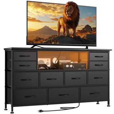 Gikpal 11 Drawer Dresser, Dressers for Bedroom TV Stand for up to 32''- 55" TV, with Power Outlets LED Lights & Side Pocket, Chest of Drawers Dresser