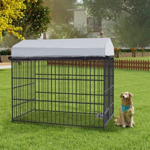 LAOTIES Outdoor Dog Kennel with Roof for Large Dogs,Metal Enclosure Cage with Lockable Bowl Door,Waterproof Cover - 1 of 4