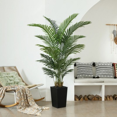 DR.Planzen 72" Artificial Palm Tree - 6FT UV Resistant Fake Plant with14 Silk Leaves & 15.7" Planter for Indoor House Plants, Tall Faux Trees 1 Pack