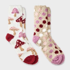 Women's Mushrooms 2pk Cozy Crew Socks - Burgundy/Ivory/Oatmeal 4-10 - 1 of 3