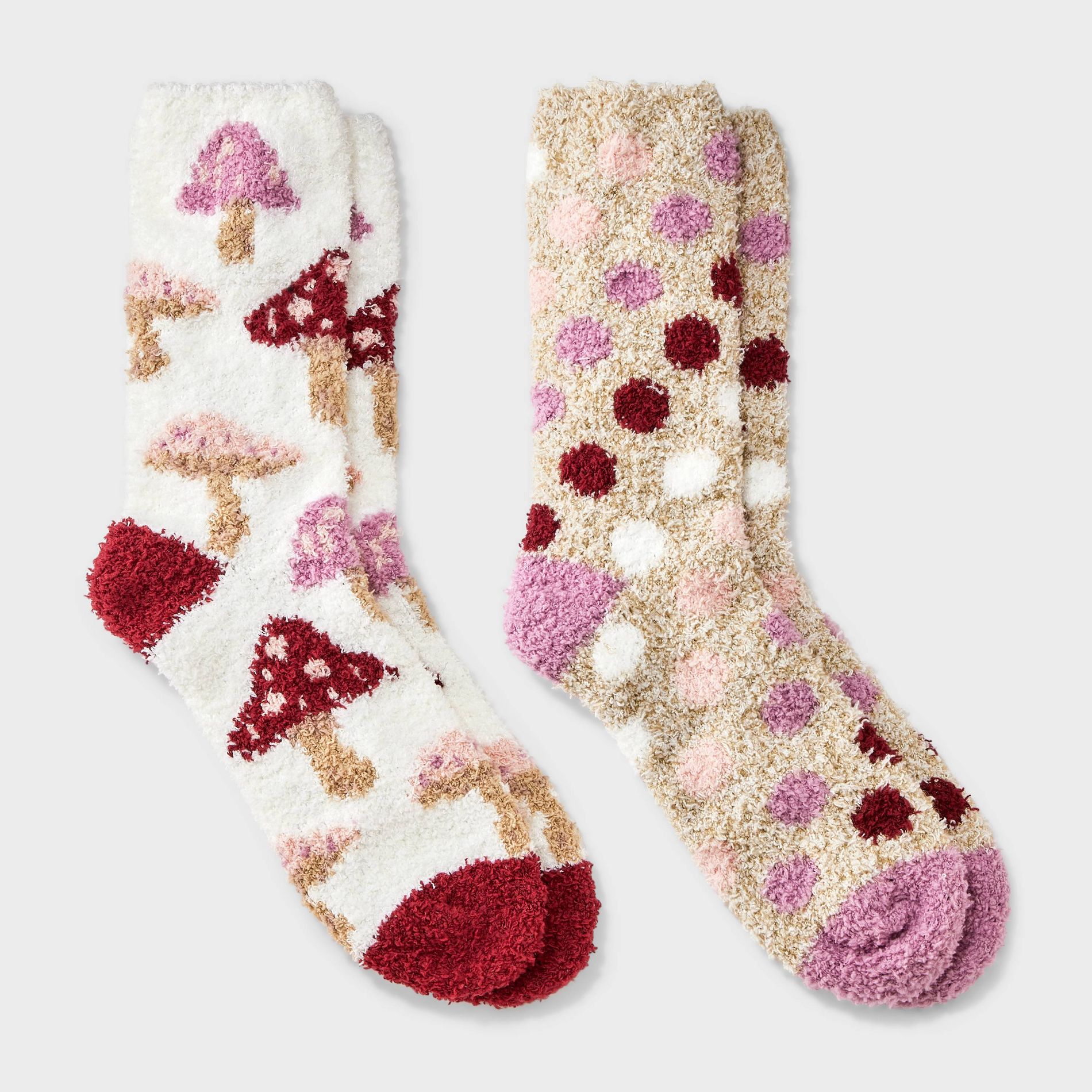 Women's Mushrooms 2pk Cozy Crew Socks - Burgundy/Ivory/Oatmeal 4-10