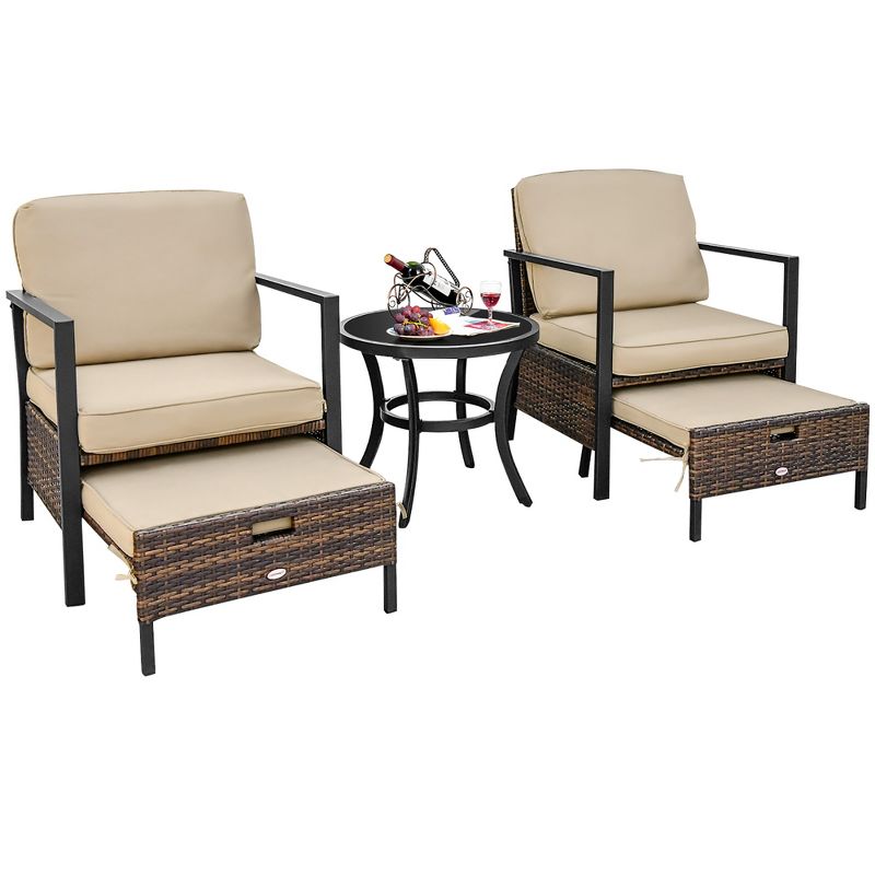 Costway 5PCS Patio Wicker Conversation Set Space Saving Cushions Chairs with Ottomans Table, 3 of 11