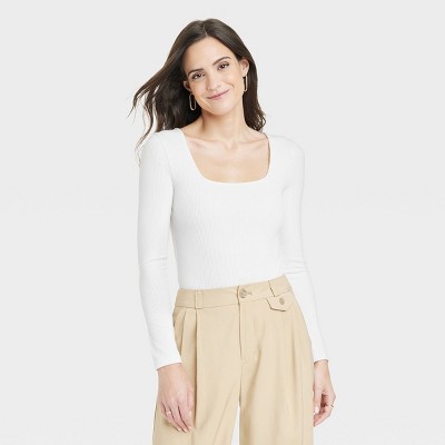 Women's Slim Fit Bodysuit - A New Day™ White M : Target
