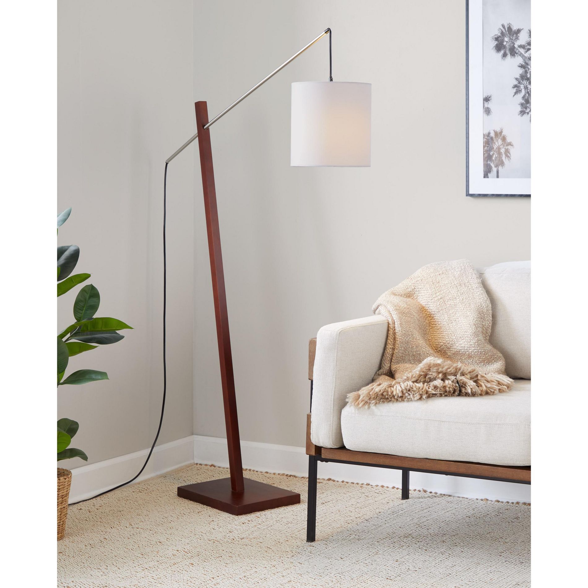 Mid-Century Modern Floor Lamp, Walnut Wood and Satin Nickel Finish, Grey Fabric Shade, 60 Inch Tall, 60W Bulb for Living Room