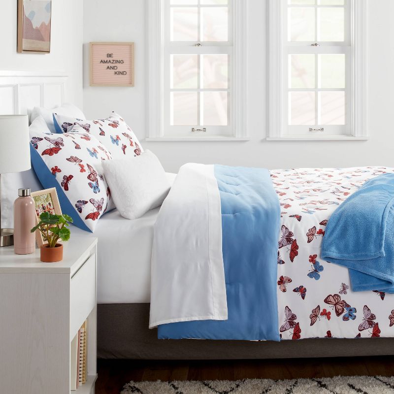 Butterfly Print Microfiber Decorative Bed Set with Throw Blue/Red/White - Room Essentials™, 2 of 8
