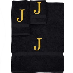BC BARE COTTON Monogrammed Towel Set, Personalized Gift, Set of 3 - Black - Gold Block - 1 of 4