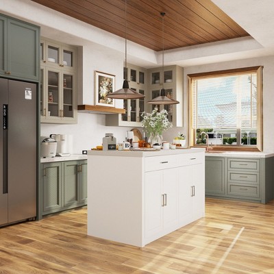 Homsee Storage Kitchen Island with Faux Stone Top, Built-In Outlet Bar Table Cabinet