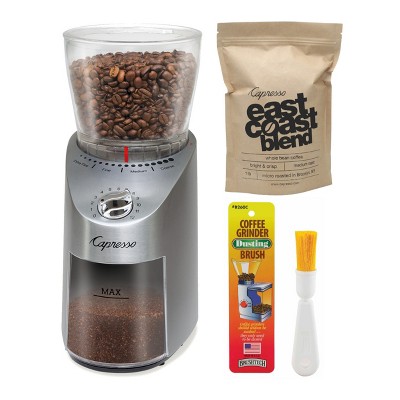 Capresso 575.05 Infinity Plus Conical Burr Coffee Grinder with Coffee and Brush