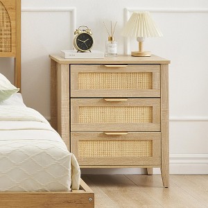 Rattan Nightstand, Boho Bedside Table with 3 Drawers Storage and Starage Shelf, Bedside Table with Sturdy Wood Legs for Kids' Room Farmhouse, Bedroom - 1 of 4