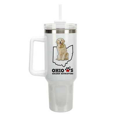Elanze Designs The Buckeye State Ohio Loves Golden Retrievers White Double Wall Stainless Steel Insulated Travel Tumbler with Lid and Straw, 40 Ounce