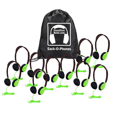 HamiltonBuhl® Sack-O-Phones, 10 Personal Headphones in a Carry Bag, Green