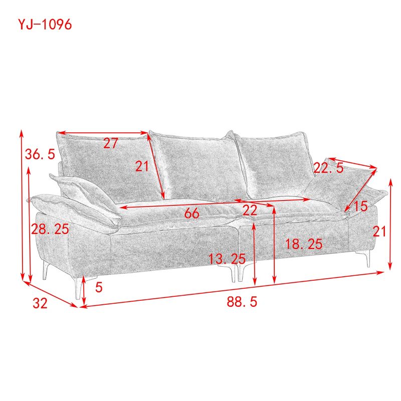 88.5" Sailboat Upholstered 3 Seater Sofa Couches with Two Pillows-ModernLuxe, 3 of 8