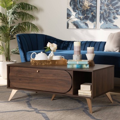 Walnut Brown and Gold Mid-Century Modern Coffee Table with Storage
