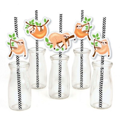 Big Dot of Happiness Let's Hang - Sloth - Paper Straw Decor - Baby Shower or Birthday Party Striped Decorative Straws - Set of 24