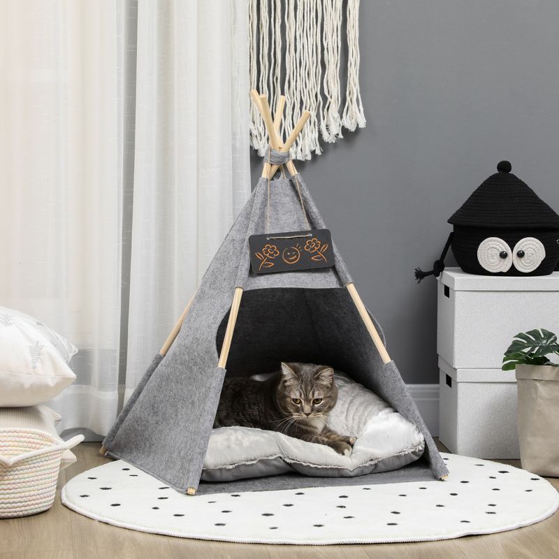 PawHut Pet Tent Cat Cave Small Dog Bed with Thick Cushion, Name Chalkboard for Kitten and Puppy gray, 2 of 11