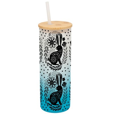 Elanze Designs Woodland Bunny Rabbit Flower Wrap-Around Design 25 Ounce Frosted Gradient Glass On-The-Go Coffee Travel Skinny Tumbler Mug Cup, Bamboo