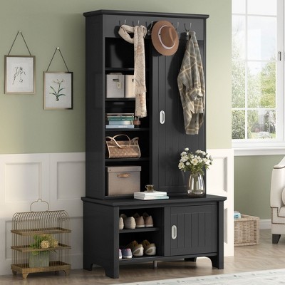 NicBex Hall Tree with Bench and Storage Cabinet Coat Rack with 6 Hooks and Sliding Door Storage Cabinet for Living Room, Entryway