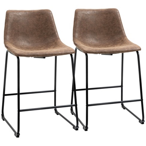 HOMCOM Counter Height Bar Stools Set of 2 Vintage PU Leather Barstools with Footrest for Dining Room Home Bar Kitchen Brown