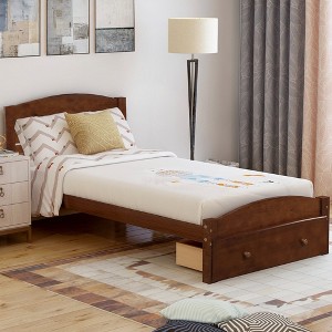 Streamdale Platform Twin Bed Frame With Storage Drawer And Wood Slat Support Walnut - 1 of 4