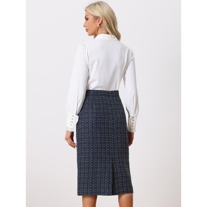 Allegra K Women's Plaid Tweed High Waist Work Office Bodycon Pencil Skirt, 4 of 6