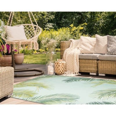 Aqua and Green Palm Leaf Indoor/Outdoor Rectangular Rug