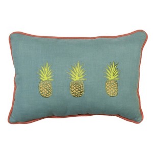 Beachcombers 12" x 18" Pineapple Trio Embroidered Teal Accent Throw Pillow - 1 of 2